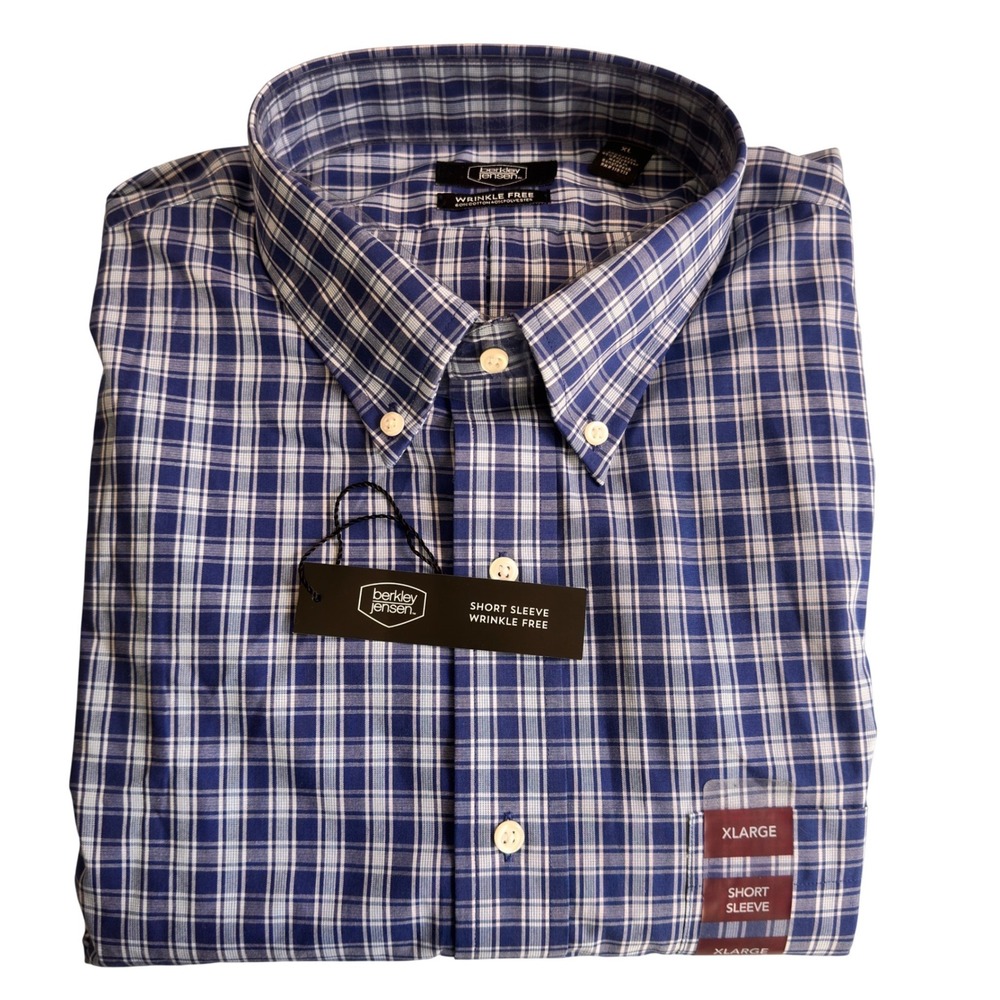 Berkley Jensen Dress Shirt Blue White Plaid Cotton Blend XL Short Sleeve NWT